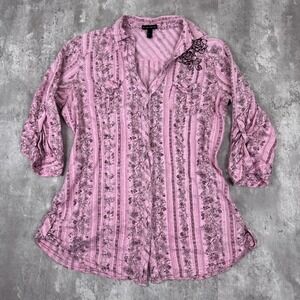 Fang Button Up Top Womens Large Pink Cotton Floral Embroidered Half Sleeve Y2K